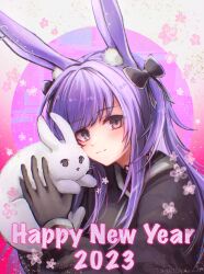 Rule 34 | 1girl, 2023, 3 (sanyako1), :3, absurdres, animal, animal ear fluff, animal ears, arknights, black bow, black choker, black gloves, blush, bow, brown eyes, cherry blossoms, chinese zodiac, choker, gloves, hair bow, hair intakes, happy new year, highres, holding, holding animal, long hair, long sleeves, looking at viewer, new year, purple hair, rabbit, rabbit ears, rope (arknights), smile, solo, upper body, year of the rabbit
