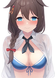 Rule 34 | 1girl, akahi242, bikini, blue bikini, blue eyes, blush, braid, brown hair, closed mouth, embarrassed, hair between eyes, hair flaps, highres, kantai collection, long hair, open clothes, open shirt, revision, shigure (kancolle), shigure kai san (kancolle), shirt, short sleeves, simple background, single braid, solo, swimsuit, upper body, white background, white shirt