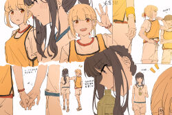 Rule 34 | !, !!, 3girls, absurdres, black hair, blonde hair, blush, bottle, chinese text, closed mouth, commentary, cowboy shot, cropped torso, english commentary, fafayu, gym uniform, hair ribbon, hand blush, highres, holding hands, inoue takina, long hair, looking at another, looking at viewer, lycoris recoil, multiple girls, multiple views, nishikigi chisato, open mouth, parted lips, ponytail, purple eyes, red eyes, red ribbon, ribbon, shirt, short hair, short sleeves, shorts, sidelocks, simple background, teeth, translation request, twitter username, watch, waving, white background, white shirt, white shorts, wristwatch, yuri