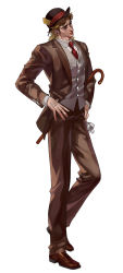 Rule 34 | 1boy, blue eyes, bowler hat, brown hat, cane, emg (christain), formal, full body, hands on own hips, hat, highres, jojo no kimyou na bouken, lilps, male focus, manly, realistic, robert e. o. speedwagon, scar, simple background, solo, suit, white background