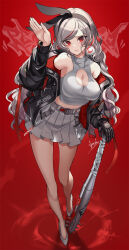 Rule 34 | 1girl, animal ears, bare legs, bare shoulders, baseball bat, belt, black hairband, black jacket, breasts, cleavage, cleavage cutout, clothing cutout, crop top, earrings, fake animal ears, grey hair, hairband, hand up, high heels, highres, jacket, jewelry, large breasts, long hair, long sleeves, looking at viewer, midriff, miniskirt, mole, mole under eye, multicolored hair, nail, nail bat, off shoulder, open clothes, open jacket, original, parted lips, pleated skirt, prosthesis, prosthetic hand, puffy sleeves, rabbit ears, red eyes, shirt, skirt, sleeveless, sleeveless shirt, solo, streaked hair, t-track, thighs, very long hair, white footwear, white shirt, white skirt
