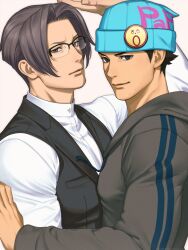 Rule 34 | 2boys, ace attorney, apollo justice: ace attorney, badge, beanie, black eyes, black vest, blue hat, brown hoodie, character request, closed mouth, collared vest, glasses, grey background, grey eyes, grey hair, hat, highres, hood, hood down, hoodie, hug, kune akiro, male focus, multiple boys, phoenix wright, shirt, short hair, simple background, vest, white shirt, yaoi