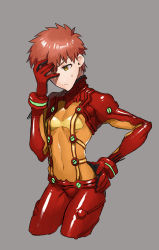 Rule 34 | 1boy, bad id, bad pixiv id, bodysuit, brown hair, closed mouth, cosplay, covered navel, cowboy shot, cropped legs, crossdressing, embarrassed, emiya shirou, evangelion: 3.0 you can (not) redo, fate/stay night, fate (series), gloves, grey background, hand on own hip, hand on own face, highres, looking away, male focus, messy hair, multicolored clothes, neon genesis evangelion, none (kameko227), orange bodysuit, plugsuit, rebuild of evangelion, red bodysuit, red gloves, shiny clothes, simple background, solo, souryuu asuka langley, souryuu asuka langley (cosplay), yellow eyes