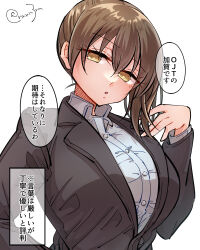 Rule 34 | 1girl, alternate costume, black jacket, breasts, brown eyes, brown hair, collared shirt, commentary request, dress shirt, formal, highres, jacket, kaga (kancolle), kantai collection, large breasts, long hair, matsunaga (haku), shirt, simple background, solo, suit, suit jacket, translation request, white background, white shirt