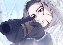 Rule 34 | 1boy, aiming, black eyes, black hair, facial hair, facial scar, foreshortening, gloves, golden kamuy, gun, hair slicked back, hair strand, hand up, highres, holding, holding gun, holding weapon, imperial japanese army, male focus, no pupils, ogata hyakunosuke, onimoti, perspective, rifle, scar, scar on cheek, scar on face, shirt, short hair, solo, stubble, undercut, upper body, weapon, weapon focus, weapon request