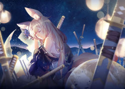Rule 34 | 1girl, animal ears, azur lane, bare shoulders, bell, blonde hair, breasts, chinese commentary, closed eyes, flower, fox ears, fox tail, hair flower, hair ornament, highres, japanese clothes, jingle bell, katana, kimono, light particles, lights, lingcat, long hair, multiple swords, multiple tails, night, niizuki (azur lane), off shoulder, parted lips, sidelocks, sky, solo, star (sky), starry sky, sword, tail, weapon, wide sleeves