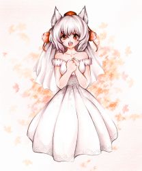Rule 34 | 1girl, animal ears, bare shoulders, blush, bridal veil, collarbone, dress, fang, female focus, hands on own chest, hat, inubashiri momiji, leaf, maple leaf, open mouth, red eyes, simple background, smile, tamichan, tamiczan, tokin hat, touhou, veil, wedding dress, white hair, wolf ears