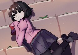 Rule 34 | 1girl, black eyes, black footwear, black hair, black necktie, black pantyhose, bob cut, closed mouth, commentary, crossed ankles, elbow rest, english commentary, from side, hair between eyes, hands up, head rest, highres, iog626, juliet sleeves, kneeling, leaf, leaning, leaning forward, long sleeves, looking at viewer, looking back, looking to the side, monogatari (series), naoetsu high school uniform, necktie, oshino ougi, own hands together, pale skin, pantyhose, pink shirt, pleated skirt, puffy sleeves, purple skirt, raised eyebrows, school uniform, shirt, shoes, short hair, skirt, sleeves past fingers, sleeves past wrists, smile, solo, stairs, stone stairs, very long sleeves