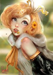 Rule 34 | 1girl, aqua eyes, artist name, backlighting, bare shoulders, blonde hair, bloom, blurry, blurry background, chromatic aberration, depth of field, detached sleeves, eyelashes, flower, flower in mouth, freckles, fur collar, fur trim, hair flower, hair ornament, hairclip, highres, kagamine rin, lens flare, light particles, lips, looking up, pale skin, pimienta kast, realistic, shirt, short hair, signature, sleeveless, sleeveless shirt, solo, vocaloid, water drop