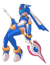 Rule 34 | 1girl, android, blue eyes, bodysuit, breasts, closed mouth, full body, gloves, helmet, highres, holding, holding weapon, fairy leviathan (mega man), looking at viewer, medium breasts, mega man (series), mega man zero (series), polearm, simple background, solo, thighhighs, vani (hisha 04), weapon, white background