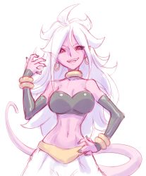 Rule 34 | 1girl, android 21, black sclera, bracelet, breasts, cleavage, colored sclera, colored skin, detached sleeves, dragon ball, dragon ball fighterz, earrings, fangs, hoop earrings, jewelry, liyart, majin android 21, messy hair, open mouth, pink skin, red eyes, sketch, solo, spoilers, unfinished