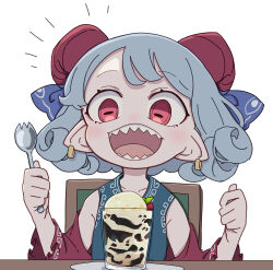 Rule 34 | 1girl, absurdres, bare shoulders, blue dress, blue ribbon, blush, chair, coffee, collarbone, curled horns, detached sleeves, dress, fork, grey hair, highres, holding, holding fork, horn ornament, horn ribbon, horns, kame (kamepan44231), open mouth, pointy ears, red eyes, red horns, red sleeves, ribbon, sharp teeth, sheep horns, short hair, simple background, smile, solo, teeth, touhou, toutetsu yuuma, upper body, white background
