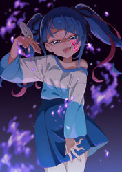 Rule 34 | 1girl, :p, alternate hairstyle, blue eyes, blue hair, commentary request, corruption, dark background, dark persona, evil smile, eyelashes, hair ornament, hair ribbon, highres, hirogaru sky! precure, long hair, looking at viewer, multicolored hair, pink hair, precure, ribbon, smile, solo, sora harewataru, standing, streaked hair, tiler (tiler00), tongue, tongue out, twintails