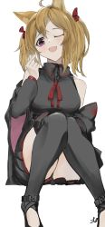 Rule 34 | 1girl, ;d, absurdres, ahoge, animal ear fluff, animal ears, arknights, black jacket, black panties, black shirt, black skirt, black thighhighs, blonde hair, blush, breasts, collared shirt, feet out of frame, highres, invisible chair, jacket, kajuu, large breasts, long sleeves, looking at viewer, miniskirt, off shoulder, one eye closed, open clothes, open jacket, open mouth, panties, pantyshot, purple eyes, shirt, short hair, short twintails, signature, sitting, skirt, smile, solo, sora (arknights), thighhighs, twintails, underwear, upskirt, wolf ears