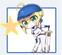 Rule 34 | absurdres, alternate costume, artoria pendragon (all), artoria pendragon (fate), baseball cap, belt, belt buckle, black belt, blonde hair, blue gloves, blue hat, blue ribbon, blush, braid, buckle, closed mouth, commentary request, excalibur (fate/stay night), fate/stay night, fate (series), gloves, green eyes, hair between eyes, hair bun, hair ribbon, hair through headwear, hand on hilt, hat, highres, jako (jakoo21), leaning to the side, long hair, nippon professional baseball, pants, ribbon, saber (fate), shirt, shoes, short sleeves, single hair bun, smile, solo, standing, star (symbol), striped background, striped clothes, striped pants, striped shirt, vertical-striped clothes, vertical-striped pants, vertical-striped shirt, very long hair, white footwear, white pants, white shirt, yokohama dena baystars