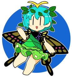 Rule 34 | 1girl, antenna hair, aqua hair, barefoot, blush, butterfly wings, dress, eternity larva, fairy, full body, green dress, ini (inunabe00), insect wings, leaf, leaf on head, multicolored clothes, multicolored dress, open mouth, short hair, short sleeves, smile, solo, touhou, wings