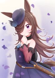 Rule 34 | 1girl, :o, abstract background, absurdres, blue dress, blue flower, blue hat, blue rose, blush, breasts, brown hair, colored eyelashes, cowboy shot, dagger, detached sleeves, dress, falling petals, flower, fur collar, hair over one eye, hand up, haruiroha, hat, hat flower, highres, horse girl, knife, long hair, messy hair, off-shoulder dress, off shoulder, parted lips, petals, purple eyes, purple theme, rice shower (umamusume), rose, scabbard, sheath, sheathed, shiny clothes, shiny skin, short dress, small breasts, solo, tilted headwear, tsurime, umamusume, weapon