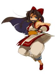 Rule 34 | 1girl, ainu clothes, armpits, black hair, blue eyes, bow, breasts, full body, gloves, hair bow, hairband, knife, long hair, looking at viewer, medium breasts, mota, nakoruru, red bow, samurai spirits, simple background, solo, weapon, white background