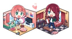 Rule 34 | 2girls, ;d, bang dream!, bed, bedroom, blue eyes, blue jacket, blue pants, checkered floor, chibi, curtains, fang, flower, green eyes, green jacket, heart, hood, hood down, hooded jacket, isometric, jacket, lamp, long hair, metronome, multiple girls, one eye closed, open mouth, pants, paper, pillow, pink footwear, pink hair, poster (object), purple footwear, re ghotion, red hair, shirt, slippers, smile, standing, stuffed animal, stuffed rabbit, stuffed toy, table, television, twintails, udagawa tomoe, uehara himari, v-shaped eyebrows, vase, white shirt, window