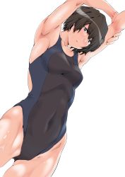Rule 34 | 1girl, absurdres, amagami, armpits, arms up, black eyes, black hair, black one-piece swimsuit, blue one-piece swimsuit, breasts, competition school swimsuit, covered navel, cowboy shot, dutch angle, from below, gluteal fold, groin, hair between eyes, highres, kimuwaipu, medium breasts, nanasaki ai, one-piece swimsuit, school swimsuit, simple background, solo, standing, stretching, swimsuit, thighs, two-tone swimsuit, white background