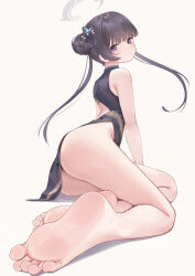 Rule 34 | 1girl, ass, barefoot, black dress, black eyes, black hair, blue archive, china dress, chinese clothes, closed mouth, double bun, dragon print, dress, flat chest, grey halo, hair bun, halo, highres, kisaki (blue archive), long hair, rryiup, signature, simple background, sleeveless, sleeveless dress, soles, solo, toes, twintails, white background