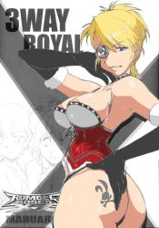Rule 34 | 1girl, blonde hair, blue eyes, corset, dominatrix, eyepatch, gloves, leather, looking at viewer, looking back, mistress spencer, rumble roses, solo, tan