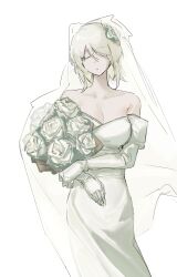 Rule 34 | 1girl, absurdres, bouquet, bridal veil, bride, dress, faust (project moon), flower, gloves, grey hair, hair flower, hair ornament, highres, holding, holding bouquet, ivy (675671), limbus company, off shoulder, project moon, rose, solo, strapless, strapless dress, veil, wedding dress, white dress, white flower, white gloves, white rose