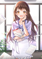 Rule 34 | 1girl, bangle, blue shirt, blurry, blurry background, blush, bracelet, brown hair, checkered clothes, checkered shirt, commentary request, cowboy shot, cuna (qunya), depth of field, earrings, envelope, glint, hand on own cheek, hand on own face, highres, id card, indoors, jewelry, lens flare, long hair, looking at viewer, office lady, one side up, original, paper, ringed eyes, shirt, short sleeves, skirt, solo, stud earrings, tareme, unmoving pattern, white skirt, yellow eyes