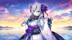 Rule 34 | 1girl, :d, airy production, black gloves, black hair, blue eyes, blue hair, blush, cloud, commission, floral print, floral print kimono, gloves, goat horns, gradient sky, hair ornament, hands up, heterochromia, horizon, horns, japanese clothes, kimono, kokuyou niggurath, long hair, looking at viewer, multicolored hair, munlu (wolupus), obi, open mouth, outdoors, purple eyes, sash, skeb commission, sky, smile, solo, streaked hair, sunset, twilight, wide sleeves