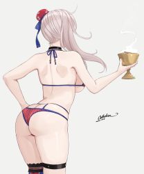 Rule 34 | 1girl, american flag legwear, ass, asymmetrical hair, backboob, boots, breasts, bun cover, butt crack, chalice, cup, duplicate, fate/grand order, fate (series), flag print, from behind, hair bun, hair ribbon, halterneck, hand on own hip, highleg, highleg swimsuit, highres, holy grail (fate), large breasts, miyamoto musashi (fate), miyamoto musashi (fate/grand order), miyamoto musashi (swimsuit berserker) (fate), odachu, print swimsuit, ribbon, signature, single hair bun, single hair intake, single side bun, single sidelock, single thigh boot, single thighhigh, swimsuit, thigh boots, thigh strap, thighhighs, two-tone swimsuit