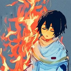 Rule 34 | 1boy, amanatsusuki, black hair, capelet, chinese commentary, closed eyes, commentary request, fire, gold trim, hair between eyes, jabuchi you, male focus, open mouth, saibou shinkyoku, shirt, short hair, solo, upper body, white capelet, white shirt