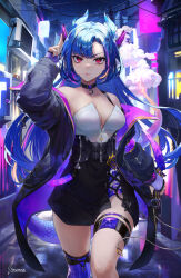 Rule 34 | 1girl, artist name, bare shoulders, black choker, blue hair, breasts, building, choker, commentary, commission, dragon girl, dragon horns, english commentary, fingerless gloves, gloves, highres, holding, holding weapon, horns, indie virtual youtuber, jacket, long hair, looking at viewer, medium breasts, multicolored hair, open clothes, open jacket, pink hair, red eyes, single thighhigh, solo, streaked hair, tail, thigh strap, thighhighs, unsomnus, vienna (vtuber), vienna (vtuber) (3rd costume), virtual youtuber, weapon