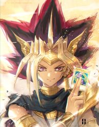 Rule 34 | 1boy, absurdres, blonde hair, brown hair, card, dark magician, dyed bangs, earrings, hair ornament, hand up, highres, hitokiri battousai, holding, holding card, jewelry, male focus, multicolored hair, necklace, pink eyes, red hair, solo, spiked hair, upper body, watermark, web address, yami yugi, yu-gi-oh!, yu-gi-oh! duel monsters
