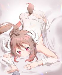 Rule 34 | 1girl, absurdres, ahoge, arknights, ass, bare shoulders, bed sheet, bluerabbit gap, brown hair, closed mouth, commentary, eyjafjalla (arknights), frilled panties, frilled shirt, frills, gradient hair, hair between eyes, highres, long hair, multicolored hair, no shoes, panties, red eyes, red hair, shirt, sleeveless, sleeveless shirt, smile, solo, tail, thighhighs, top-down bottom-up, torn clothes, torn sleeves, underwear, very long hair, white panties, white shirt, white thighhighs