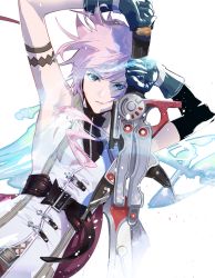 Rule 34 | 1girl, aqua eyes, arm up, armband, belt, black gloves, breasts, cofffee, fighting stance, final fantasy, final fantasy xiii, gloves, gunblade, hair between eyes, high collar, holding, holding weapon, lightning farron, looking at viewer, medium breasts, medium hair, pink hair, shirt, sleeveless, sleeveless shirt, solo, upper body, wavy hair, weapon, white background, white shirt