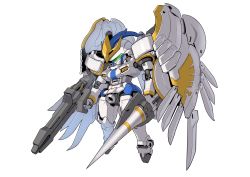 Rule 34 | absurdres, assault visor, commentary, dated commentary, deformed, from side, full body, fusion, gun, gundam, gundam wing, gundam wing endless waltz, gundam wing frozen teardrop, highres, holding, holding gun, holding polearm, holding weapon, lance, looking down, mecha, mechanical wings, mobile suit, no humans, polearm, robot, science fiction, solo, tallgeese flugel, tallgeese iii, weapon, white background, wings, zakuma