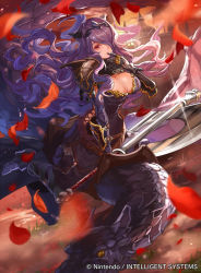 Rule 34 | 1girl, armor, axe, belt, boots, breasts, camilla (fire emblem), castle, cleavage, cloud, dragon, dusk, female focus, finger to mouth, fire emblem, fire emblem cipher, fire emblem fates, gloves, hair over one eye, headset, high heel boots, high heels, holding, holding weapon, knee boots, lace-up, large breasts, lens flare, long hair, marzia (fire emblem if), mayo (becky2006), motion blur, nintendo, official art, outdoors, petals, purple hair, riding, sitting, sky, solo, text focus, very long hair, wavy hair, weapon, wyvern