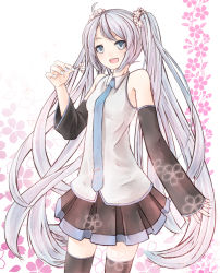 Rule 34 | 1girl, :d, ahoge, bad id, bad pixiv id, cherry blossoms, detached sleeves, female focus, hatsune miku, long hair, necktie, nekobaka, open mouth, plant, skirt, smile, solo, thighhighs, twintails, very long hair, vocaloid, white background