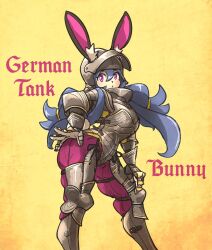 Rule 34 | 1girl, animal ears, armor, borrowed character, breastplate, couter, full armor, gauntlets, greaves, helmet, highres, ironlily, long hair, looking at viewer, medieval, armored boots, orange background, original, pauldrons, rabbit ears, rabbit girl, shoulder armor, solo, yellow background