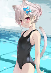 Rule 34 | 1girl, animal ear fluff, animal ears, bare arms, bare shoulders, black one-piece swimsuit, blue bow, blush, bow, breasts, cat ears, cat girl, cat tail, closed mouth, collarbone, commentary request, covered navel, grey hair, hair between eyes, hair bow, hair bun, natsume eri, one-piece swimsuit, original, pool, red eyes, small breasts, smile, solo, swimsuit, tail, water