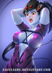 Rule 34 | 1girl, arms behind head, arms up, backlighting, bdsm, blush, bodysuit, bondage, bound, breast bondage, breasts, center opening, colored skin, covered erect nipples, gradient background, head-mounted display, highres, lipstick, long hair, makeup, medium breasts, nose, open mouth, overwatch, overwatch 1, pink bodysuit, ponytail, purple background, purple hair, purple lips, purple skin, shiny clothes, short sleeves, solo, st. jamu, tongue, upper body, visor, watermark, web address, widowmaker (overwatch), yellow eyes