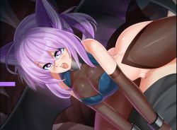 Rule 34 | ass, blush, breasts, girl on top, medium breasts, monster girl, monster girl invasion rpg, open mouth, pantyhose, penis, purple eyes, purple hair, pussy, sex, shy (monster girl invasion rpg), smile, spread legs, surprised, symbol-shaped pupils, thighs, vaginal