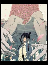Rule 34 | 1boy, black border, black eyes, black hair, black necktie, border, chainsaw man, cigarette, commentary request, flower, frown, hayakawa aki, highres, holding, holding cigarette, katana, male focus, mo cha ri, necktie, petals, smoke, solo, sword, topknot, upper body, weapon, weapon on back