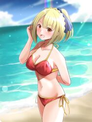 Rule 34 | 1girl, :d, arm behind back, beach, bikini, blonde hair, blush, braid, breasts, cleavage, collarbone, cowboy shot, french braid, halo, hand in own hair, highres, large breasts, looking at viewer, medium breasts, navel, nue no onmyouji, ocean, open mouth, orange eyes, ponytail, red bikini, side-tie bikini bottom, sky, smile, solar flare, solo, standing, stomach, suo kazusa, swimsuit, zakiwo (rrxn8224)
