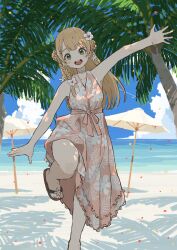 Rule 34 | 1girl, absurdres, beach, beach umbrella, blonde hair, blush, braid, coconut tree, commentary request, commission, dappled sunlight, day, dress, floral print, flower, green eyes, hair flower, hair ornament, hairclip, highres, leaf print, leg up, long hair, looking at viewer, mashiro ka, ocean, open mouth, original, outdoors, outstretched arms, outstretched hand, palm tree, sandals, skeb commission, sky, sleeveless, sleeveless dress, solo, standing, straight-on, summer, sunlight, teeth, toenails, toes, tree, tree shade, twin braids, umbrella, upper teeth only, watermark, white flower