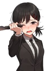 Rule 34 | 1girl, black hair, black necktie, black suit, blush, chainsaw man, crying, crying with eyes open, formal, higashiyama kobeni, highres, holding, holding knife, kamille (vcx68), kitchen knife, knife, long sleeves, looking at viewer, mole, mole under eye, mole under mouth, multiple moles, necktie, shirt, side ponytail, simple background, solo, suit, tears, upper body, white background, white shirt
