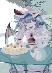 Rule 34 | 1girl, absurdres, aru (pixiv 86071824), ascot, bat wings, blue hair, cake, cake slice, cup, dress, fangs, fingernails, food, frilled dress, frilled sleeves, frills, gem, grey eyes, hair between eyes, hand rest, hat, hat ribbon, highres, looking at viewer, mob cap, open hand, open mouth, pale skin, plate, pointy ears, red ascot, red gemstone, red ribbon, remilia scarlet, ribbon, saucer, short hair, short sleeves, sidelocks, sitting, solo, steam, strawberry shortcake, teacup, teapot, touhou, vampire, white dress, white hat, wings