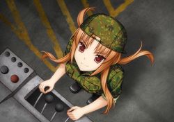 Rule 34 | 1girl, artist request, backwards hat, baseball cap, brown eyes, brown hair, camouflage, camouflage headwear, camouflage jacket, camouflage pants, from above, game cg, hat, highres, jacket, kusumoto sayaka, looking up, muv-luv, muv-luv alternative, muv-luv unlimited: the day after, official art, pants, parted bangs, smile, solo