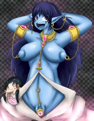 Rule 34 | 1boy, 1girl, armlet, between breasts, blue eyes, blue hair, blue skin, breasts, chibi, clitoris, clitoris piercing, colored skin, covered erect nipples, cowboy shot, dildo, dr. bug, ear piercing, forehead jewel, genie, highres, jewelry, large breasts, lip piercing, long hair, looking at viewer, lots of jewelry, magi the labyrinth of magic, matching hair/eyes, neck ring, nipple chain, nipple piercing, nipples, paimon (magi), piercing, pointy ears, purple eyes, pussy, pussy piercing, ren hakuei, sex toy, uncensored
