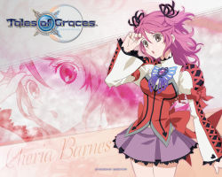 Rule 34 | 1girl, bow, brown eyes, character name, cheria barnes, copyright name, grey eyes, logo, long sleeves, namco, official art, official wallpaper, purple skirt, red hair, skirt, solo, tales of (series), tales of graces, two side up, wallpaper, zoom layer
